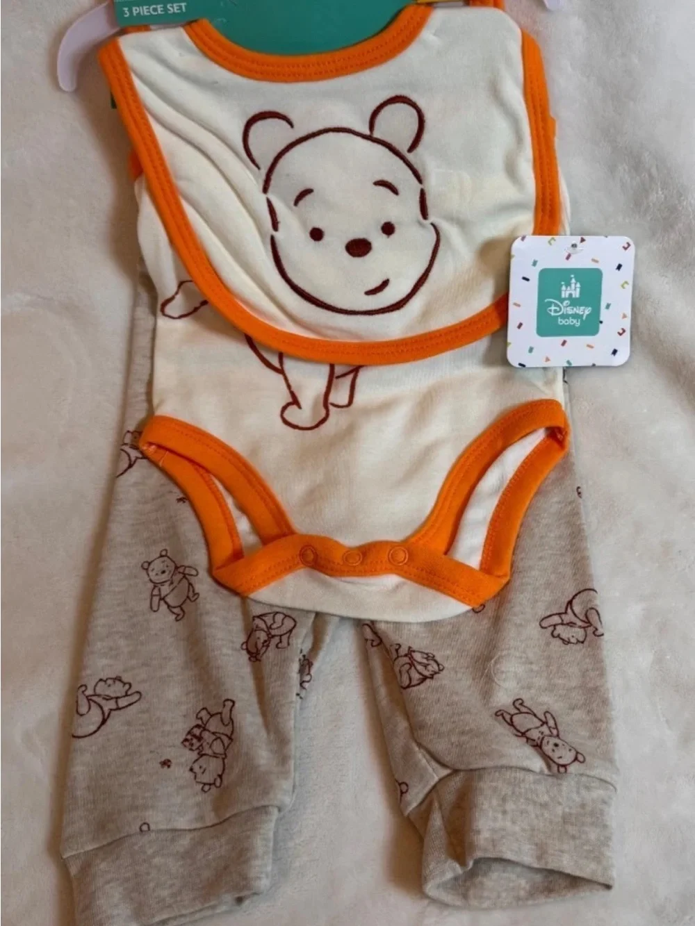 Disney Baby Winnie the Pooh 3 piece infant set Cream with Orange Trim NO HANGER